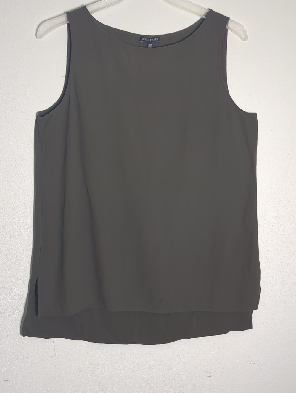 Eileen Fisher Women's Tank Top Blouse 100% Silk Olive Green Quiet Luxury Large